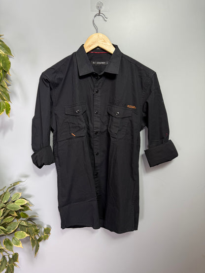 Men's Solid Full Sleeve Double Pocket Shirt - Black